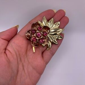 Vintage Sterling Gold Vermeil Flower Pink Rhinestone Brooch